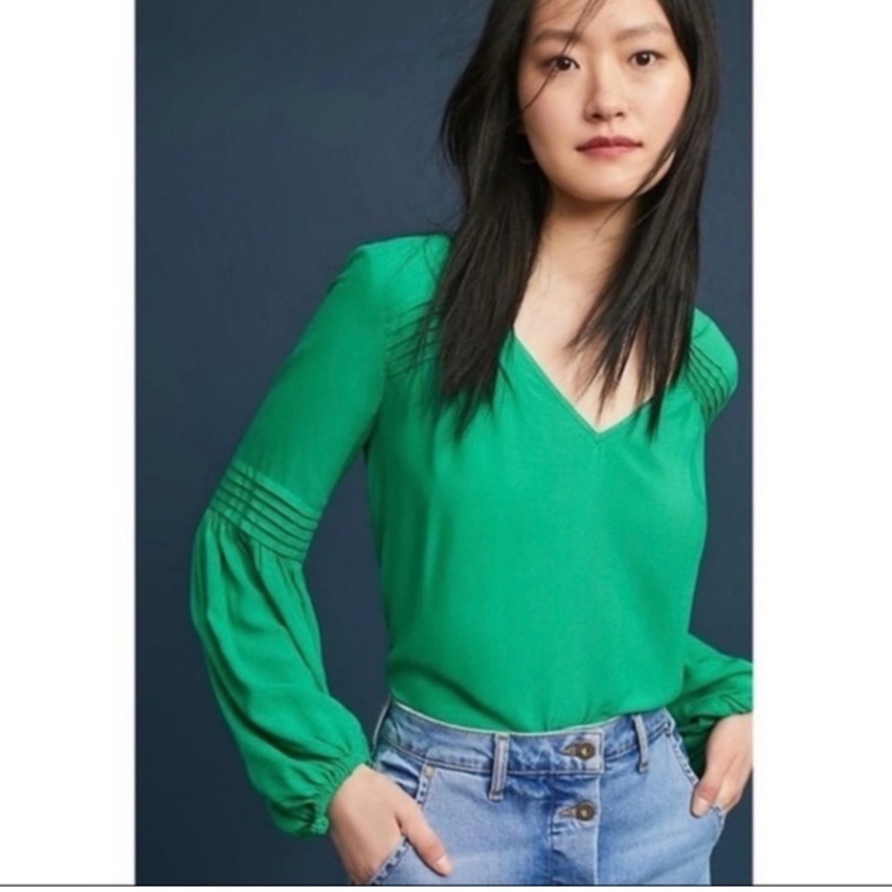 Maeve small kelly green long balloon sleeve blouse Anthropologie ceresco viscose